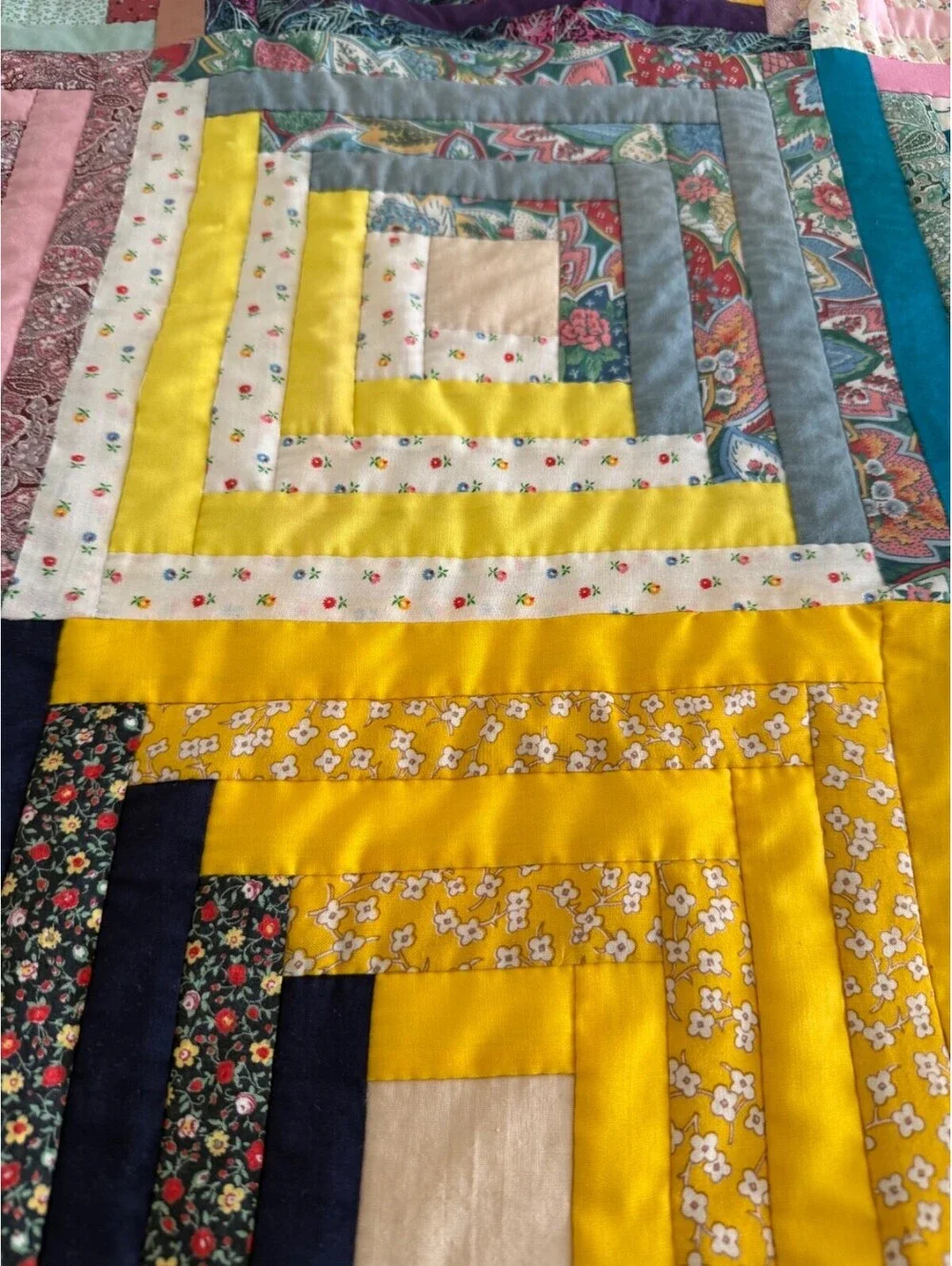 Handmade Log Cabin Quilt Vintage Patchwork Colorful Cotton Throw 54